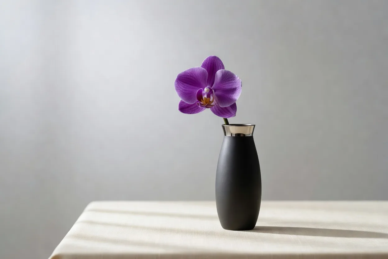 黒い細身の花器に生けた一輪の紫の蘭