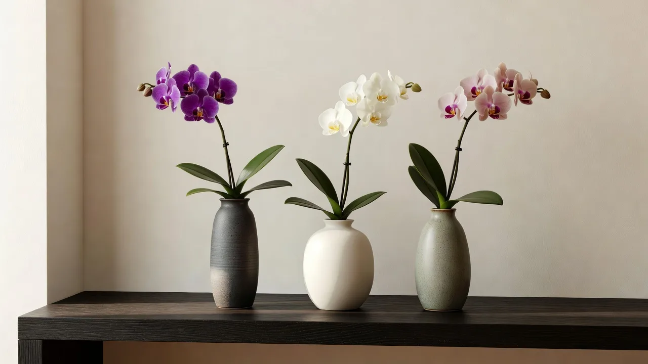 棚に並べた三つの花器に生けた紫・白・ピンクの胡蝶蘭