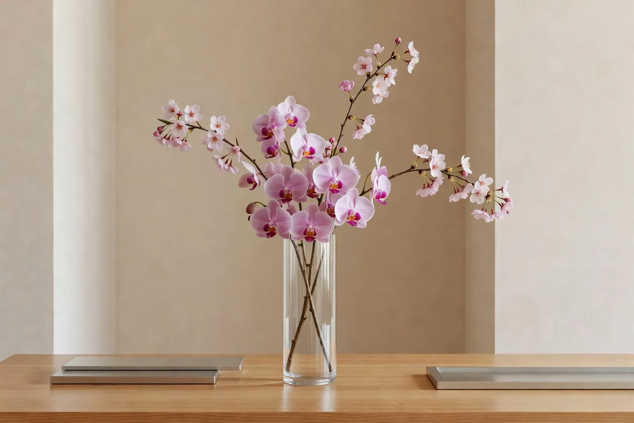 桜の枝とピンクの蘭をガラスの花器に生けた春のアレンジ