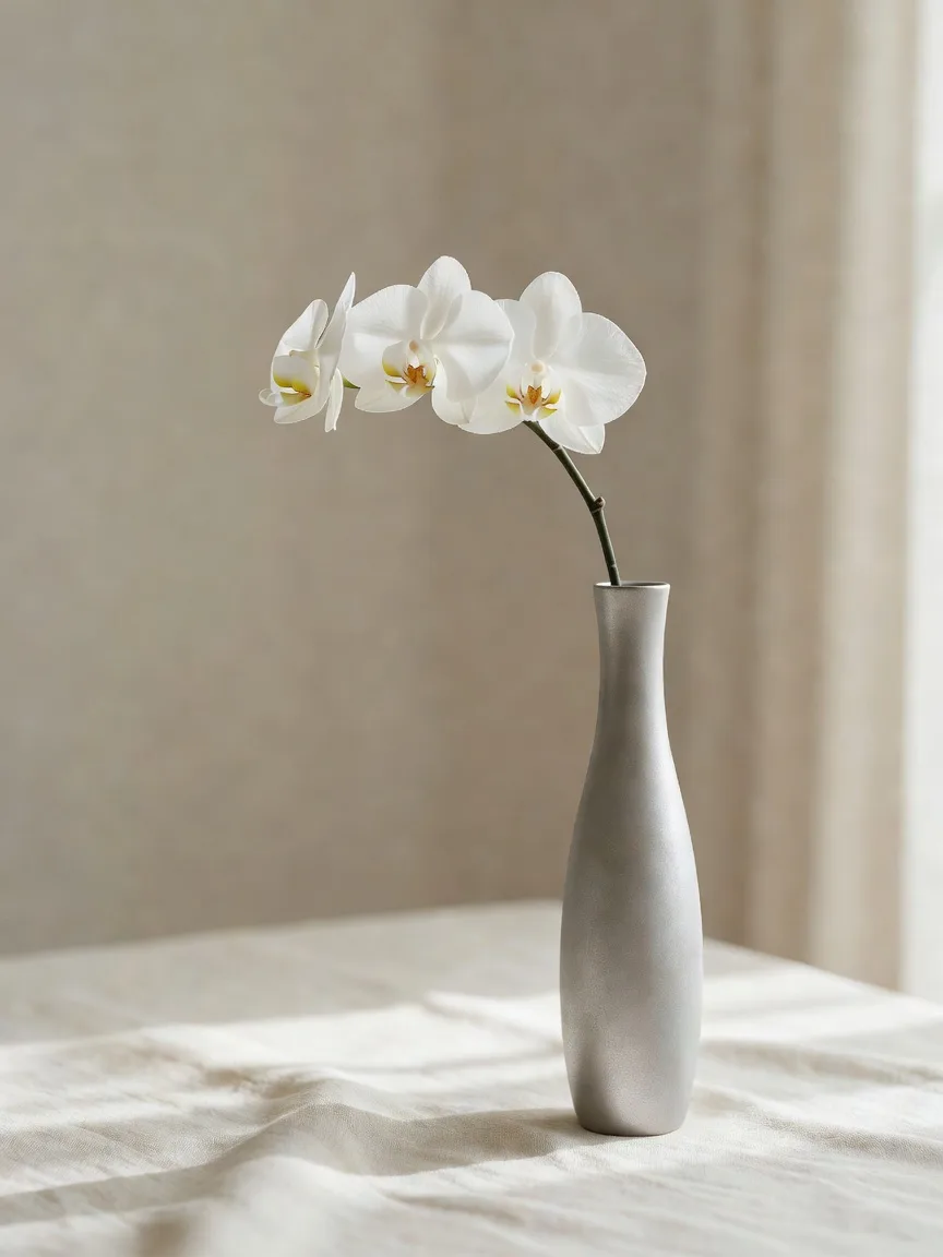 銀色の細身の花器に生けた白い胡蝶蘭
