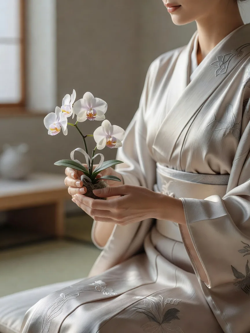 着物姿の人が両手で持つ小さな蘭のアレンジ